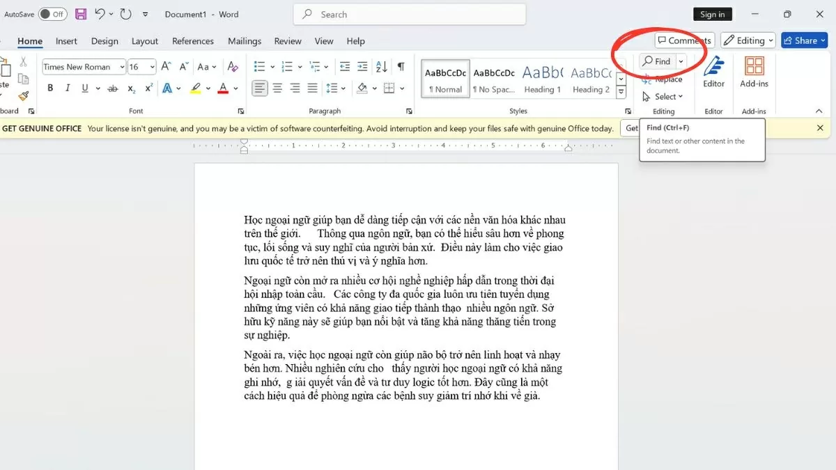 Sử dụng tổ hợp phím “Ctrl + F” hoặc chọn “Tìm kiếm”