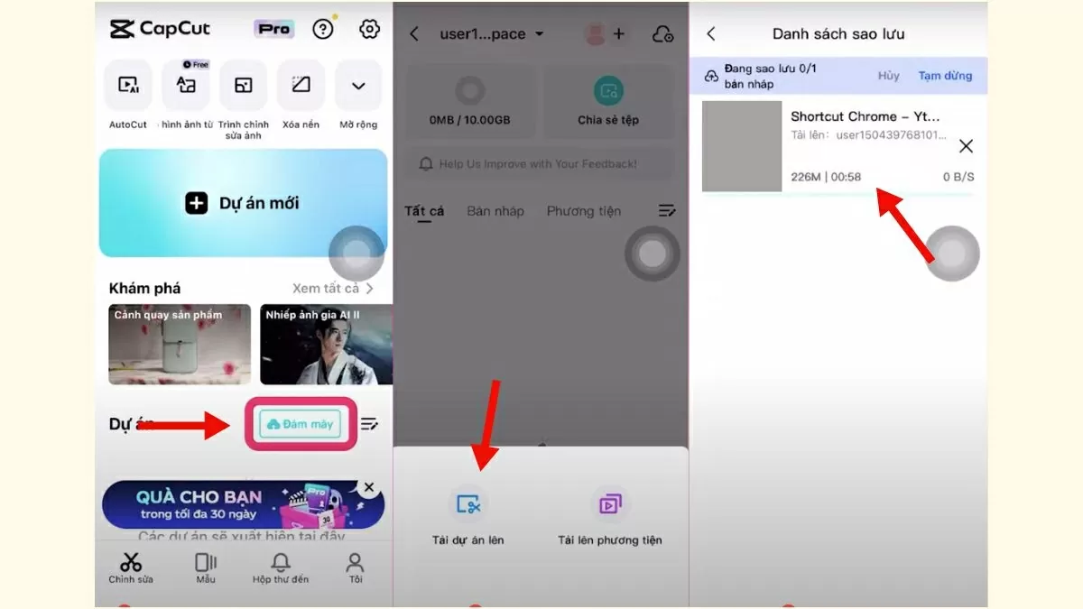 Chọn dự án trên CapCut, nhấn biểu tượng đám mây ở góc trên và chọn “Tải dự án lên”. Chọn dự án trên CapCut, nhấn biểu tượng đám mây ở góc trên và chọn “Tải dự án lên”.