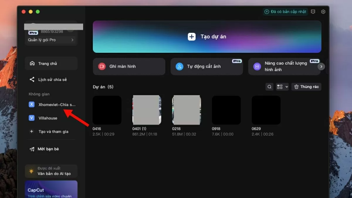 Mở CapCut trên máy tính, vào “Space” và chọn lưu trữ đám mây.