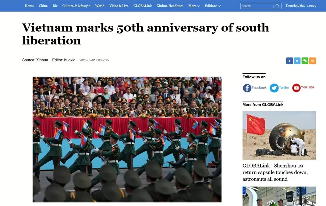 Truyền thông Trung Quốc đưa tin đậm nét về Lễ kỷ niệm 50 năm Ngày Giải phóng miền Nam, thống nhất đất nước