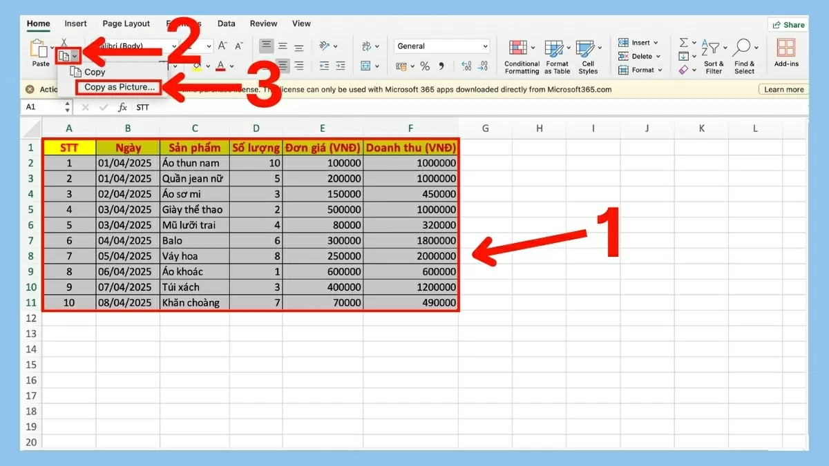 Mở bảng tính Excel và bôi đen