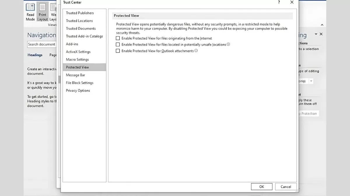 Chọn mục Protected View Chọn mục Protected View