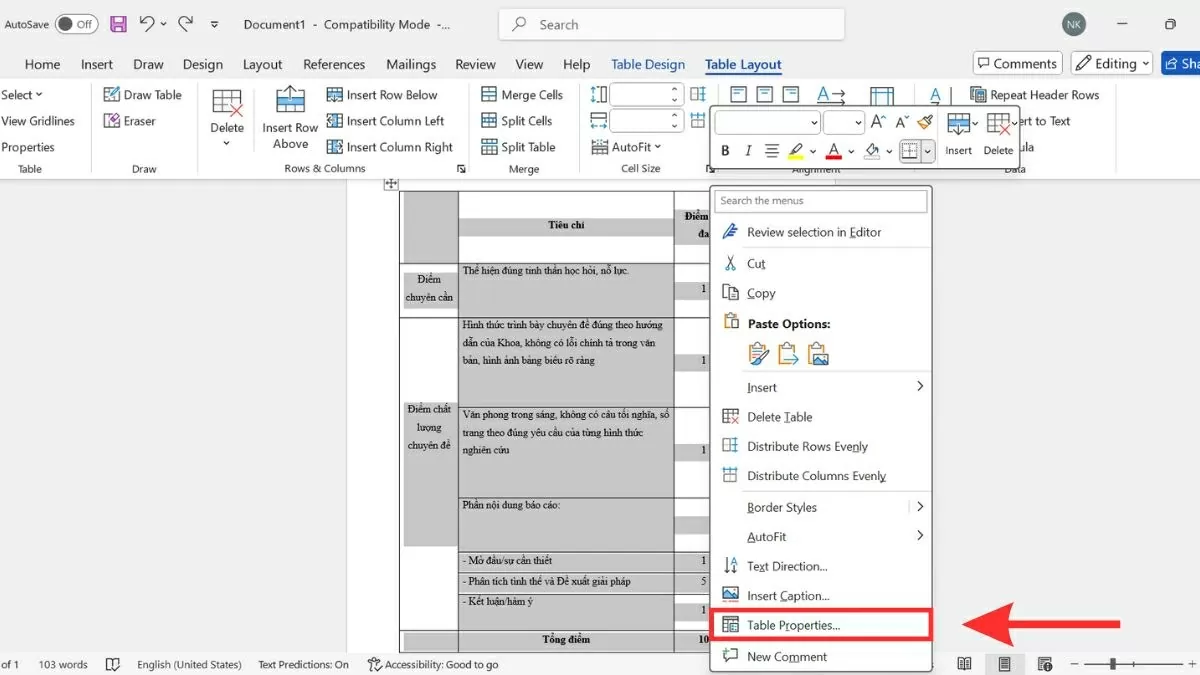 Chọn mục Table Properties