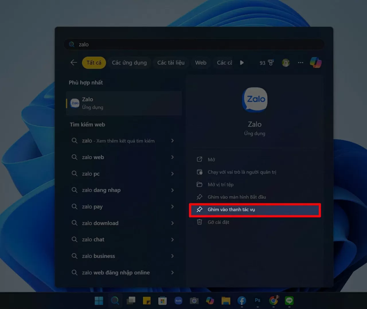 Chọn “Pin to Taskbar” bên phải.