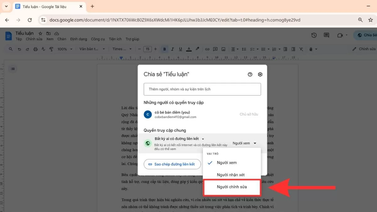 Thay đổi quyền từ “Chỉ xem” sang “Người chỉnh sửa”. Thay đổi quyền từ “Chỉ xem” sang “Người chỉnh sửa”.