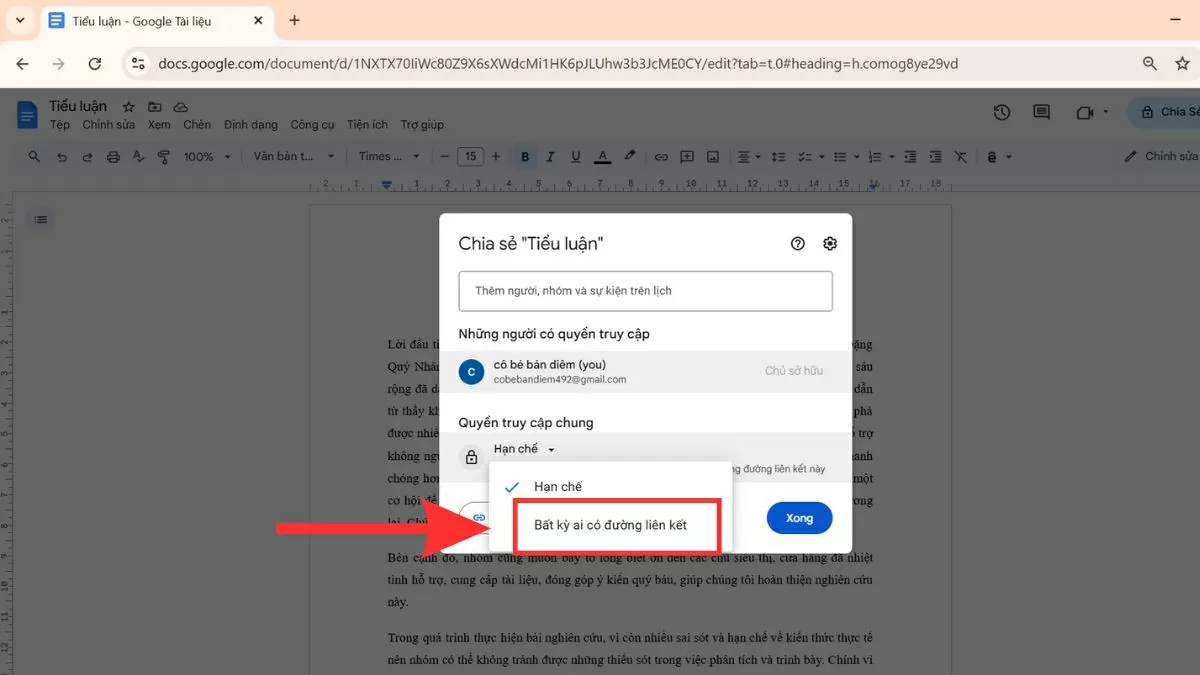 Chọn tùy chọn Bất kỳ ai có liên kết. Chọn tùy chọn Bất kỳ ai có liên kết.