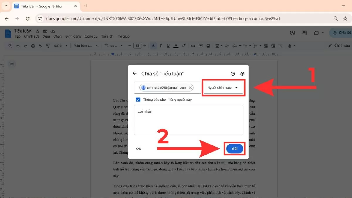 Chọn quyền Hướng dẫn chia sẻ quyền chỉnh sửa Google Docs để làm việc nhóm
