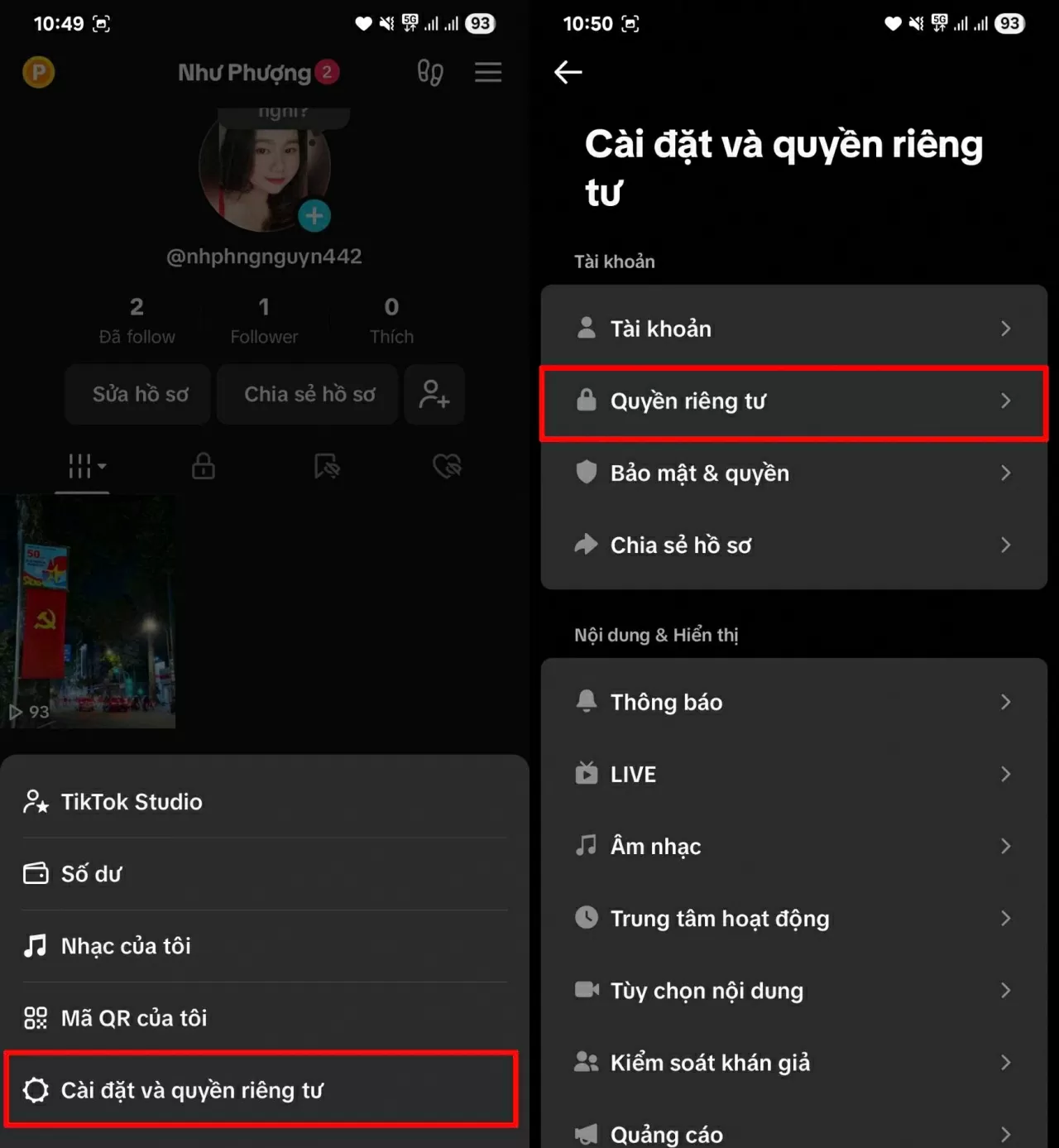 Vào “Cài đặt và quyền riêng tư” > chọn “Quyền riêng tư”..