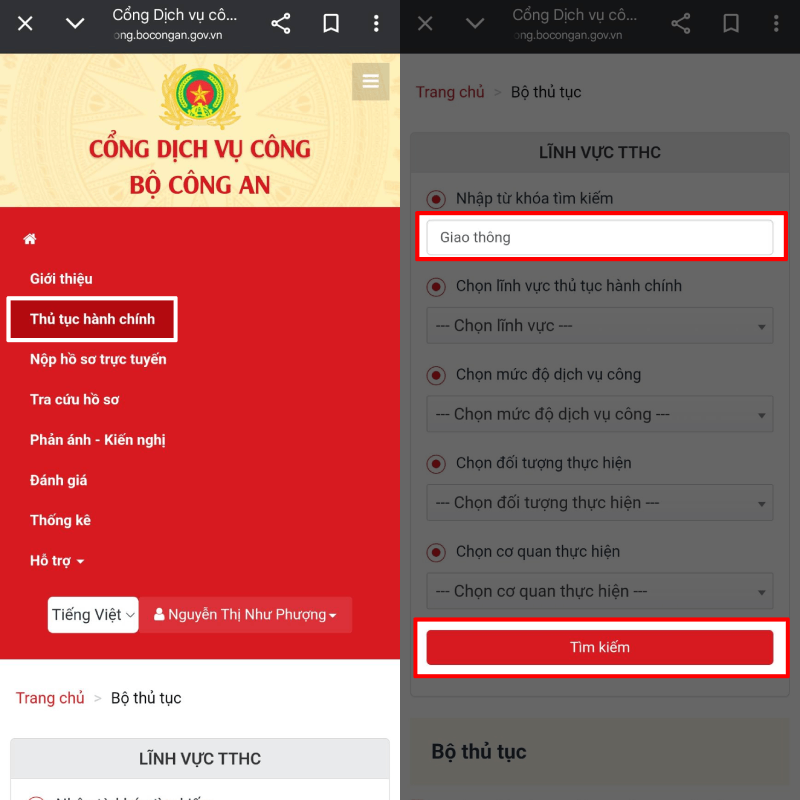 Vào mục Thủ tục hành chính.