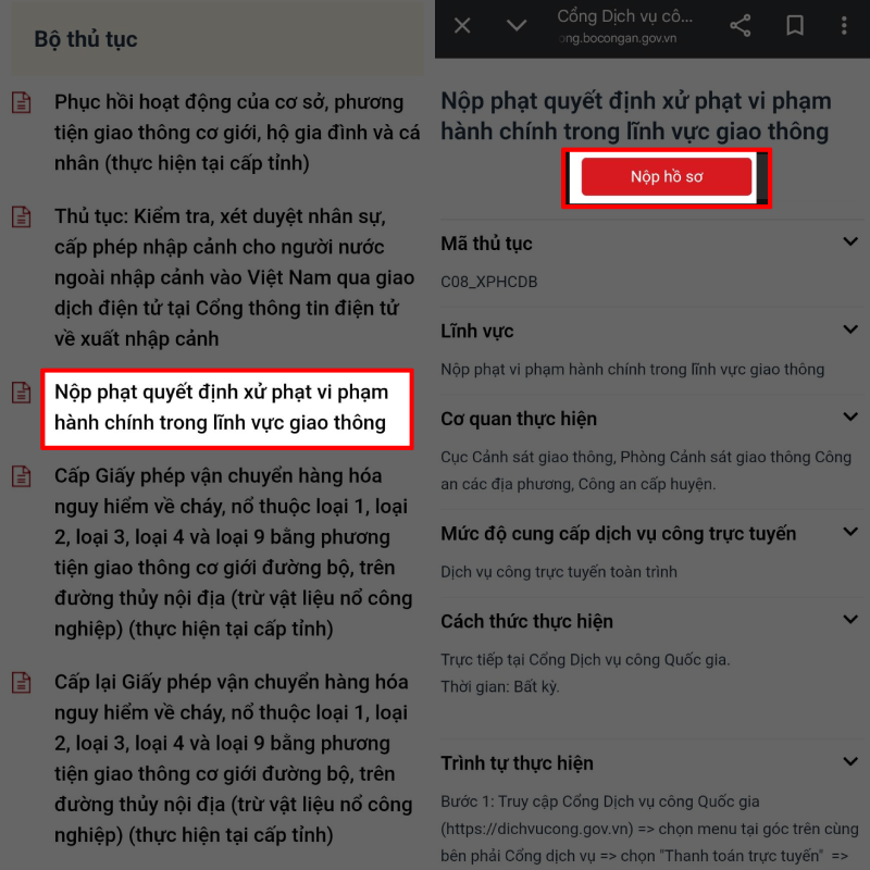 Lựa chọn mục “Nộp phạt quyết định xử phạt vi phạm giao thông”.