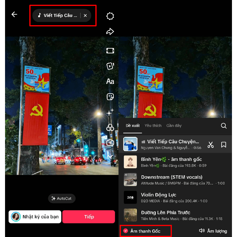 Trên giao diện chỉnh sửa, nhấn vào mục “Âm thanh”.