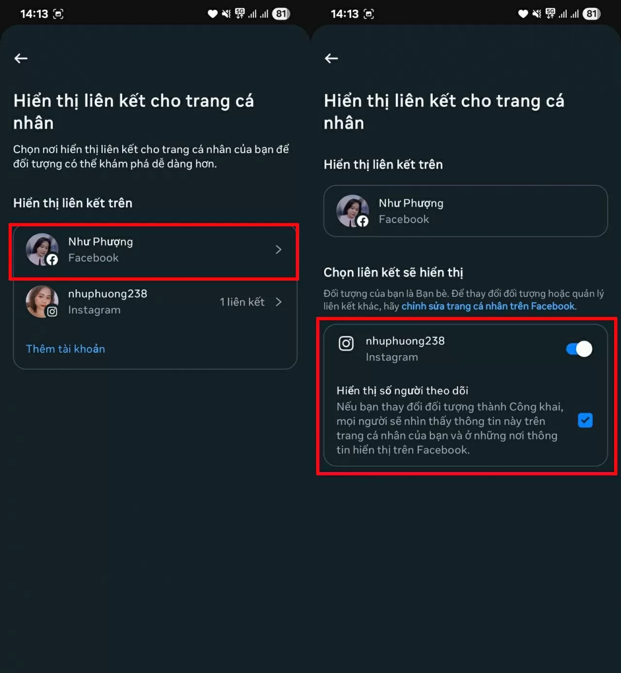 Chọn tài khoản Facebook bạn muốn hiển thị liên kết. Chọn tài khoản Facebook bạn muốn hiển thị liên kết.