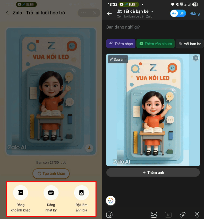 Bạn có thể lưu về máy hoặc chia sẻ trực tiếp lên Nhật ký Zalo. Bạn có thể lưu về máy hoặc chia sẻ trực tiếp lên Nhật ký Zalo.