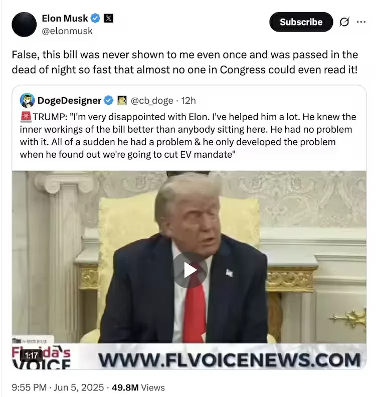 Cuộc khẩu chiến giữa Tổng thống Donald Trump và Giám đốc điều hành Tesla Elon Musk trên mạng xã hội X, phơi bày sự rạn nứt trong mối quan hệ từng được cho là khăng khít giữa hai nhân vật có ảnh hưởng lớn nhất nước Mỹ. Tranh cãi bắt đầu khi ông Trump chỉ trích tỷ phú Elon Musk vì các phát ngôn công kích dự luật chi tiêu do đảng Cộng hòa đề xuất. Đáp lại, nhà điều hành Tesla chia sẻ bài đăng kêu gọi luận tội Tổng thống và cáo buộc ông có liên hệ với tội phạm tình dục đã qua đời Jeffrey Epstein. (Nguồn: X)