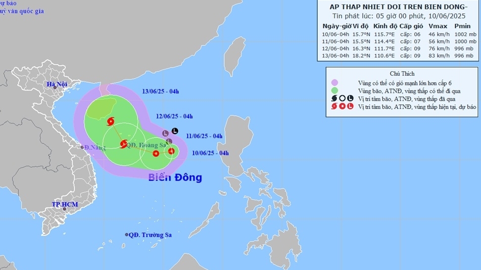 Dự báo diễn biến áp thấp nhiệt đới: Đến ngày 12/6, có thể mạnh thành bão, trên khu vực quần đảo Hoàng Sa