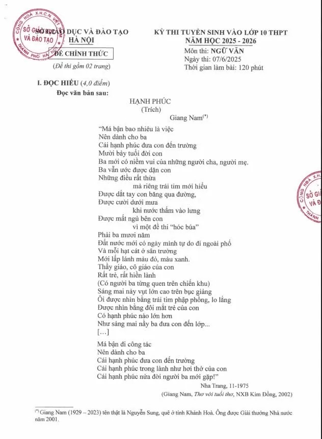 Đáp án chính thức môn Ngữ văn lớp 10 tại Hà Nội