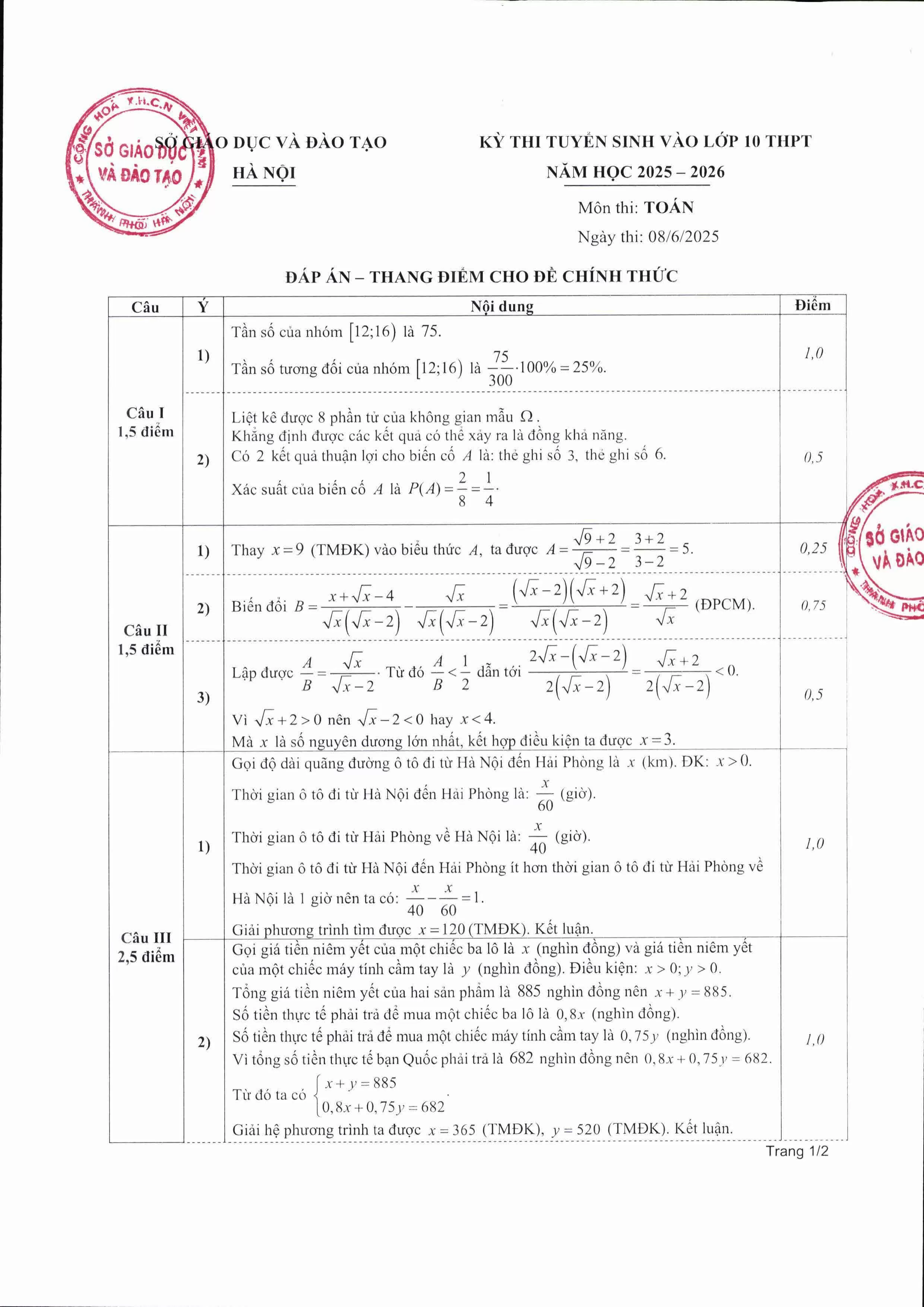Kỳ thi lớp 10 Hà Nội: Đáp án chính thức môn Toán