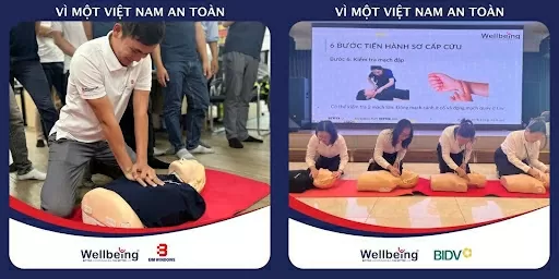 Học viên từ các tổ chức, doanh nghiệp thực hành sơ cấp cứu trong khóa tập huấn của Wellbeing (Nguồn: Facebook Wellbeing - Đào tạo sơ cấp cứu & AED) Học viên từ các tổ chức, doanh nghiệp thực hành sơ cấp cứu trong khóa tập huấn của Wellbeing (Nguồn: Facebook Wellbeing - Đào tạo sơ cấp cứu & AED)