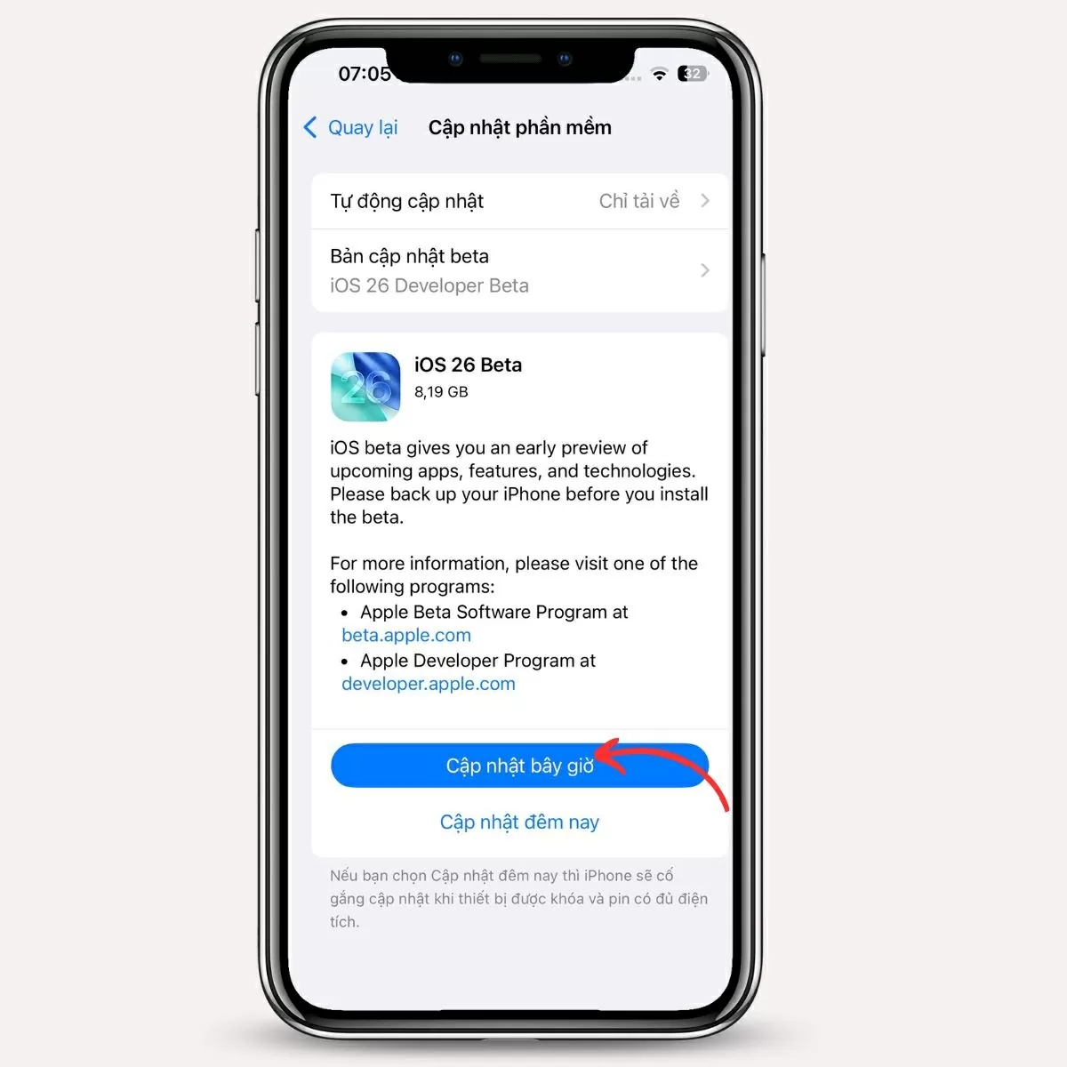 Chọn Tải về và cài đặt bản iOS 26 Beta khi hiển thị. Chọn Tải về và cài đặt bản iOS 26 Beta khi hiển thị.