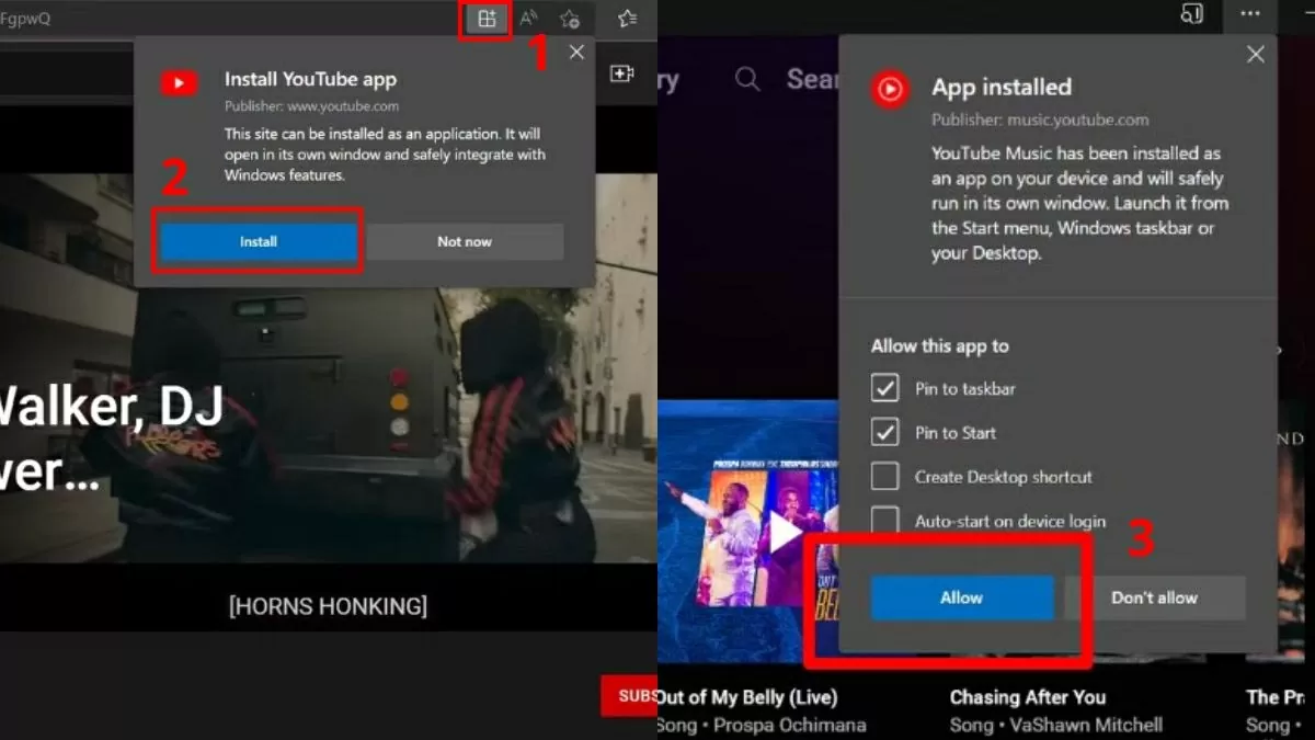 Hướng dẫn cài đặt YouTube Music trên PC bằng trình duyệt Microsoft Edge.