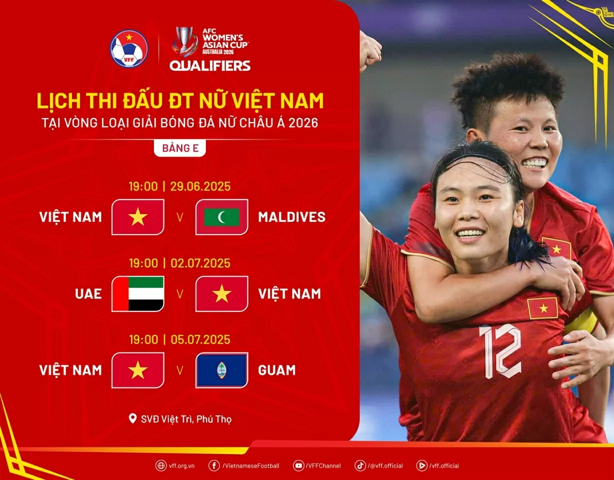 Lịch thi đấu của đội tuyển nữ Việt Nam tại vòng loại giải bóng đá nữ châu Á 2026 Lịch thi đấu của đội tuyển nữ Việt Nam tại vòng loại giải bóng đá nữ châu Á 2026