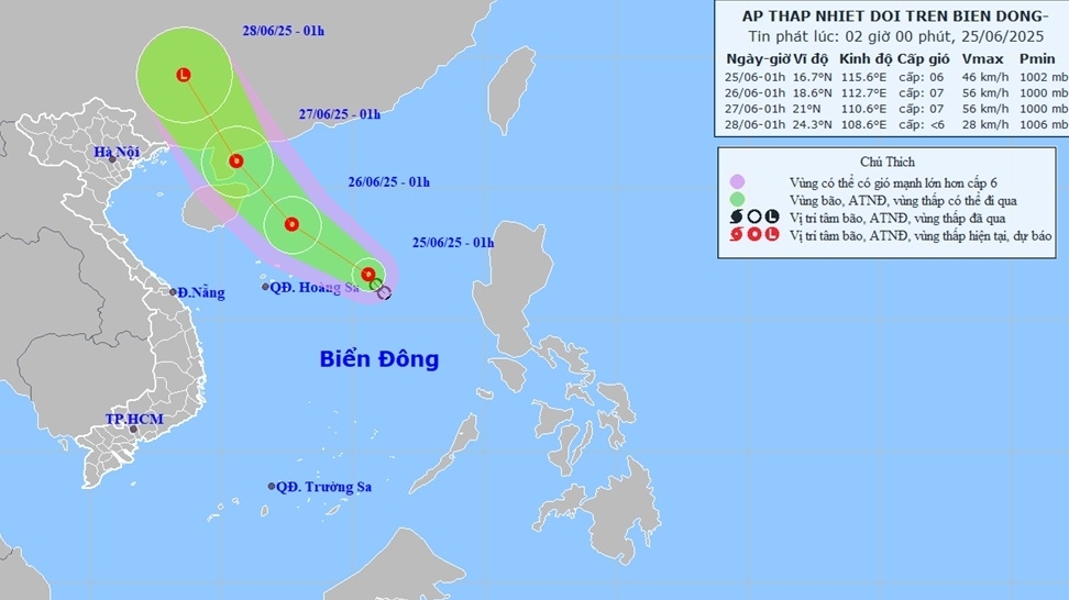 Dự báo đường đi của áp thấp nhiệt đới trên Biển Đông: Tiến gần về phía quần đảo Hoàng Sa, mưa dông mạnh, cường độ gió cấp 6