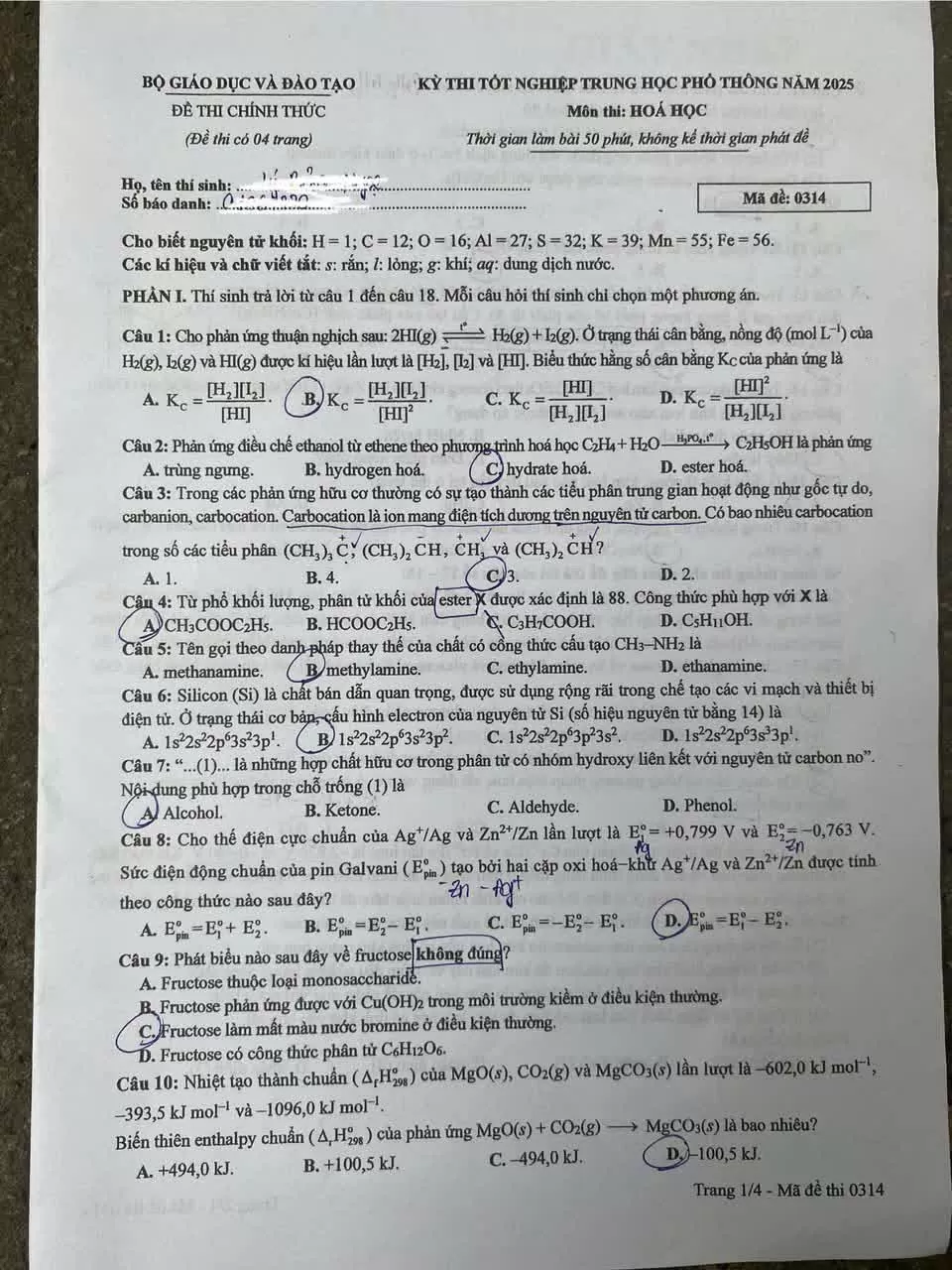 Đề thi môn Hóa học tốt nghiệp THPT 2025 Đề thi môn Hóa học tốt nghiệp THPT 2025