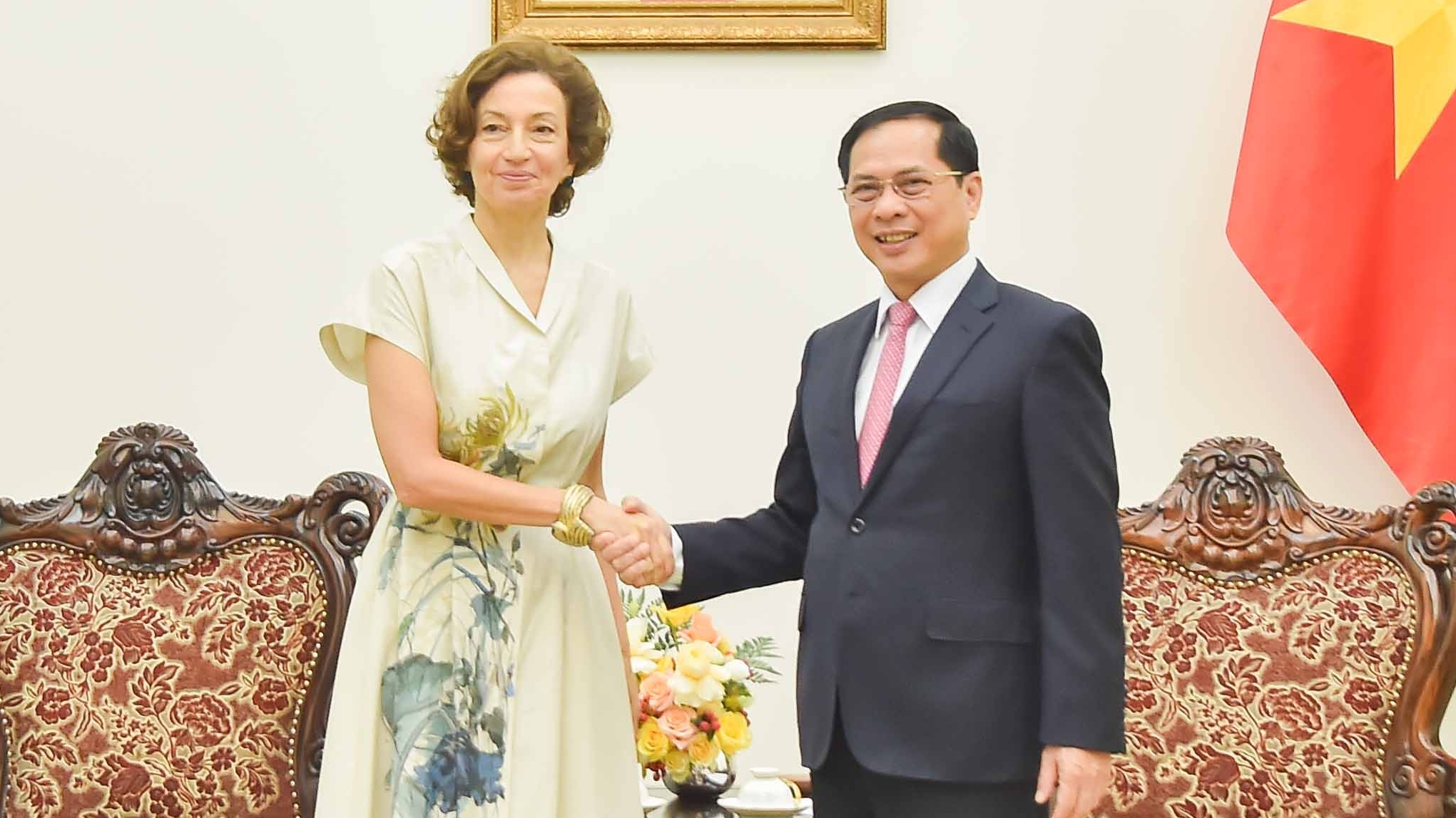 Phó Thủ tướng, Bộ trưởng Ngoại giao Bùi Thanh Sơn tiếp Tổng giám đốc UNESCO Audrey Azoulay