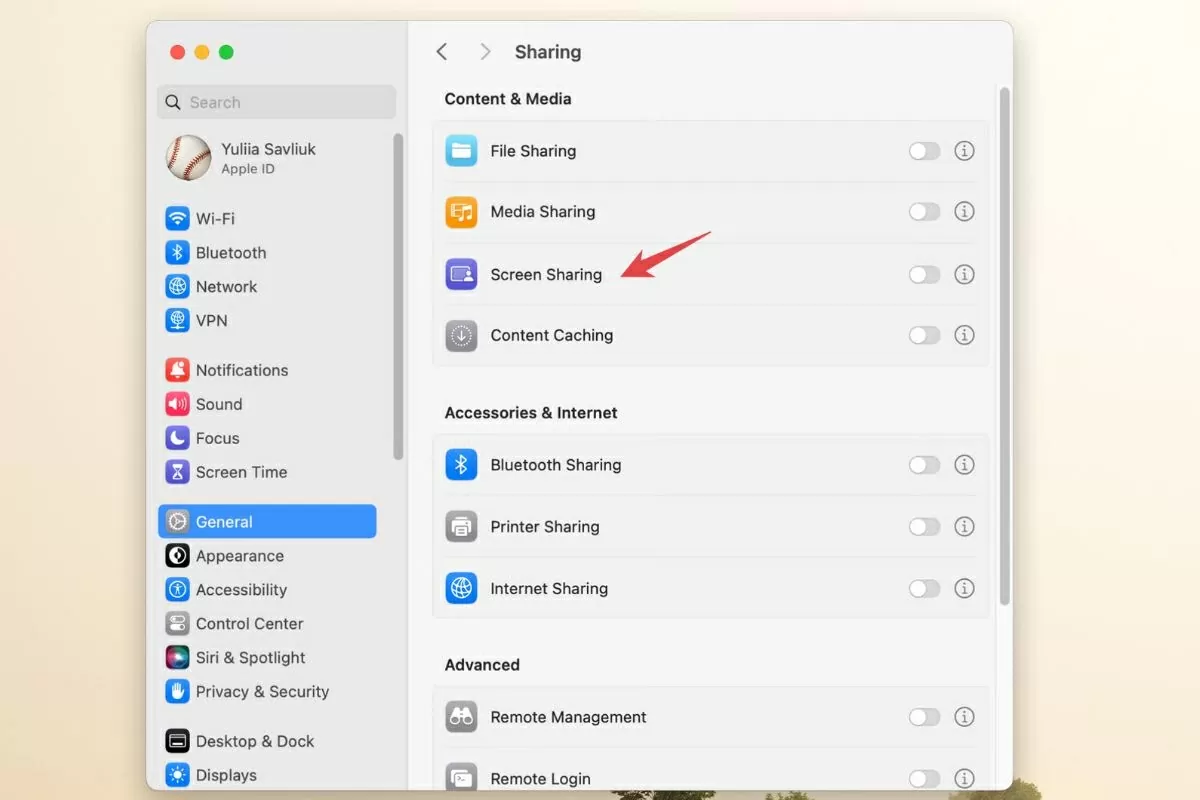 Bật mục Screen Sharing. Bật mục Screen Sharing.