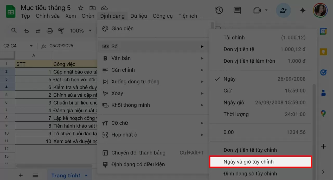 Chọn Định dạng ngày và giờ. Chọn Định dạng ngày và giờ.