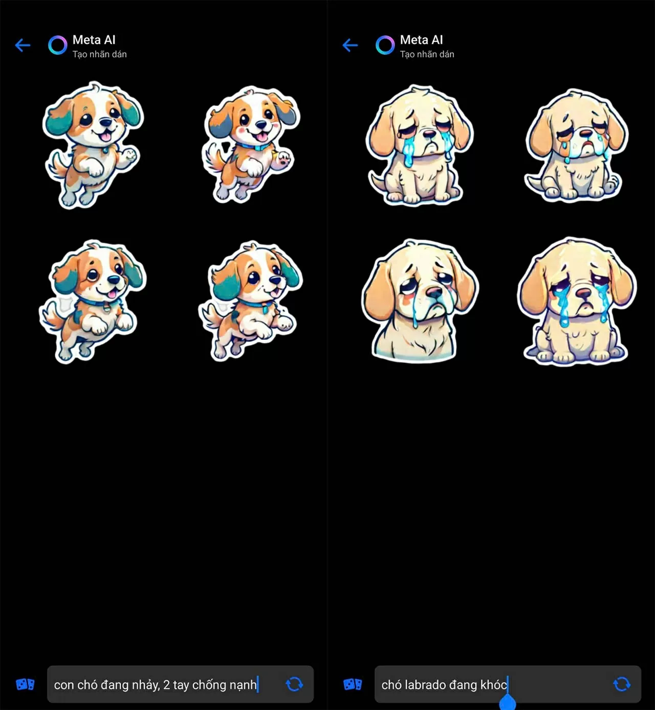 Chờ vài giây để hệ thống AI của Meta xử lý và tạo ra các sticker. Chờ vài giây để hệ thống AI của Meta xử lý và tạo ra các sticker.