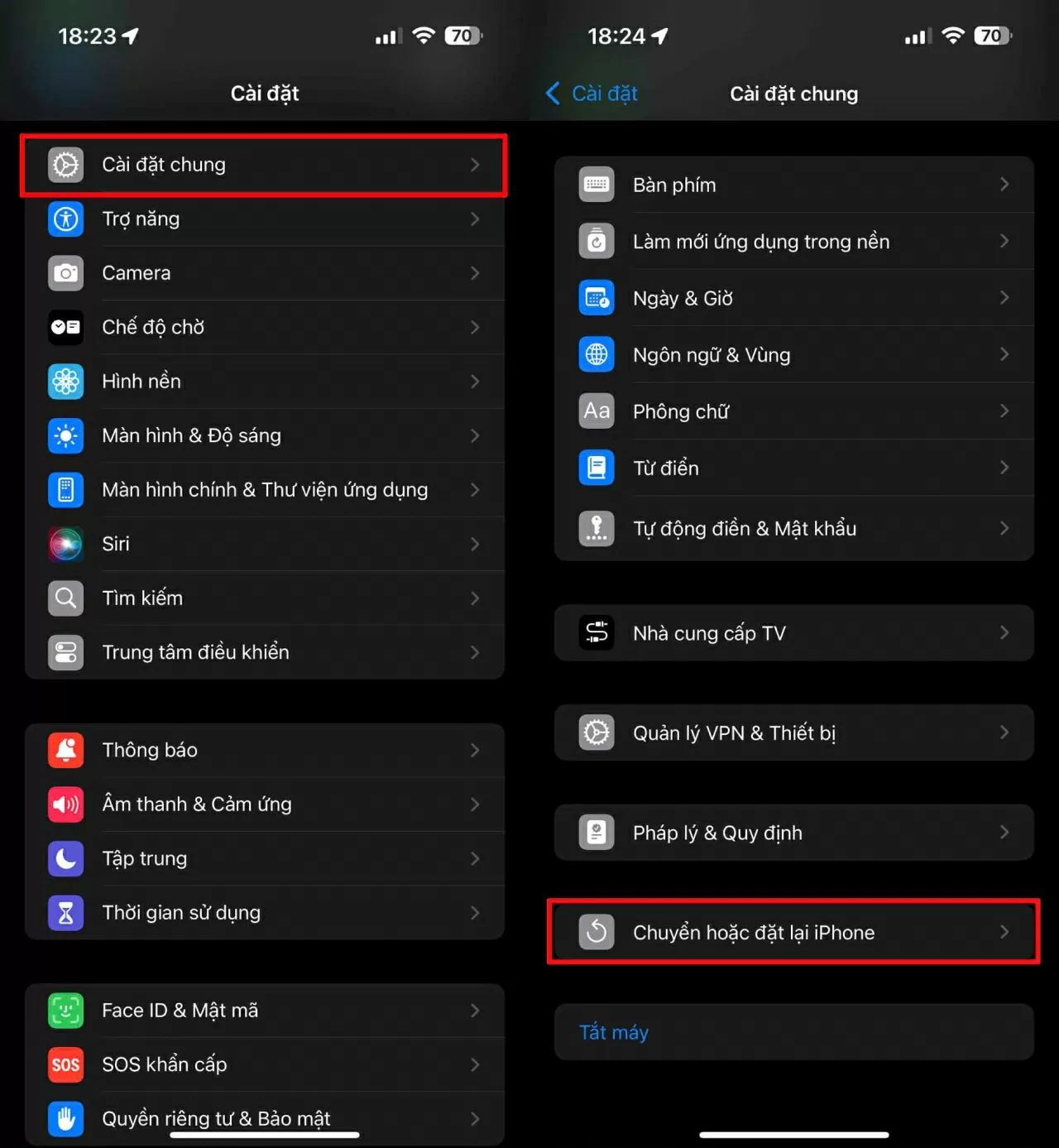 Vào Cài đặt > Cài đặt chung > Chuyển hoặc đặt lại iPhone. Vào Cài đặt > Cài đặt chung > Chuyển hoặc đặt lại iPhone.