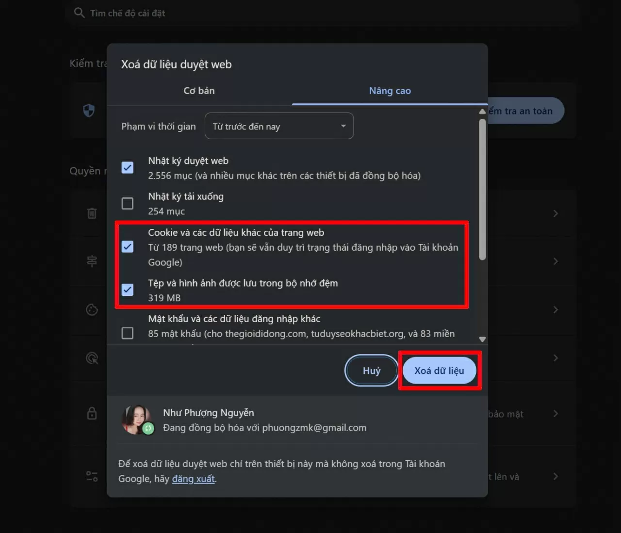 Nhấn tổ hợp phím Ctrl + Shift + Delete. Nhấn tổ hợp phím Ctrl + Shift + Delete.