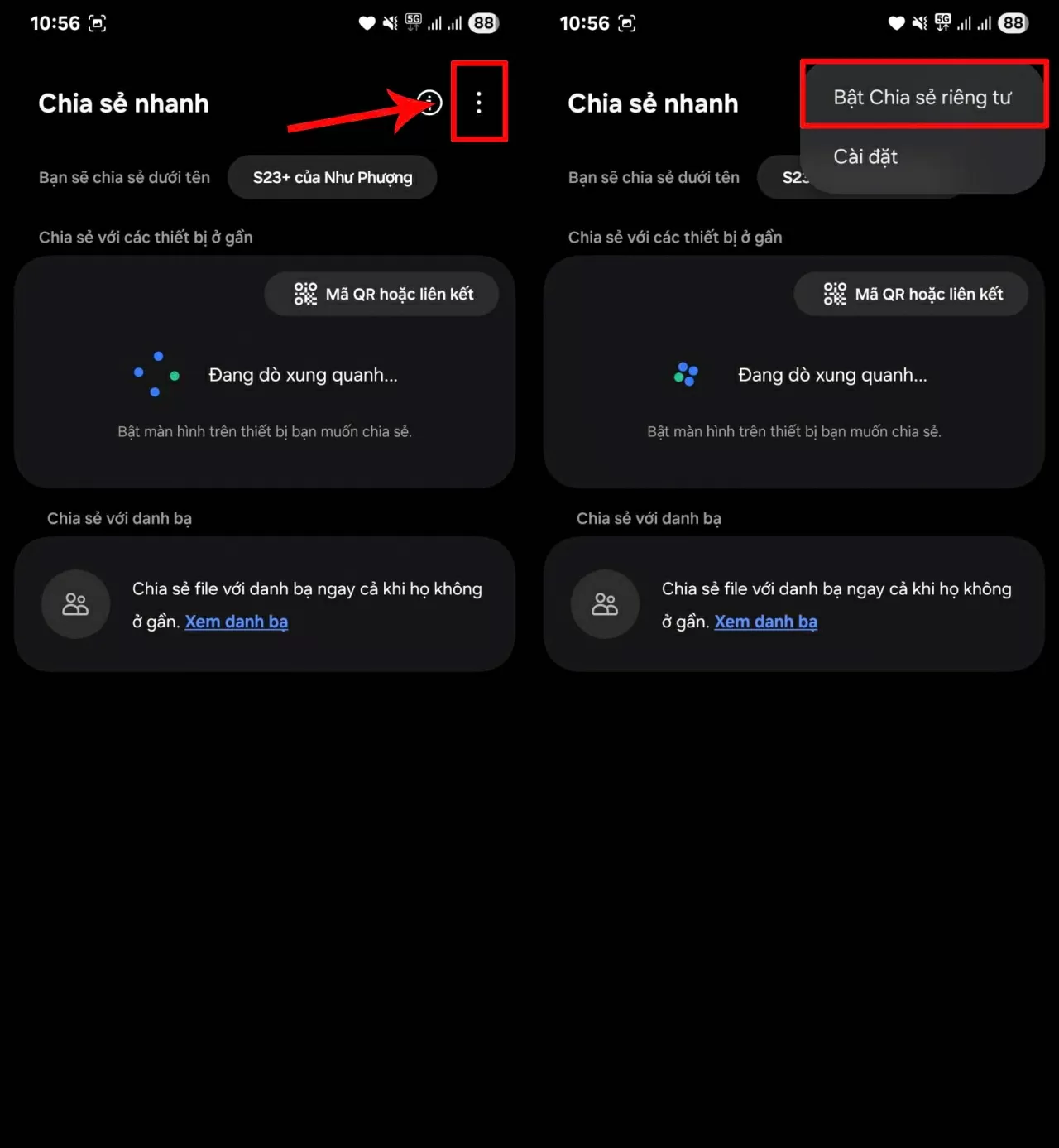 Chọn biểu tượng ba chấm góc phải > Nhấn Bật chia sẻ riêng tư. Chọn biểu tượng ba chấm góc phải > Nhấn Bật chia sẻ riêng tư.
