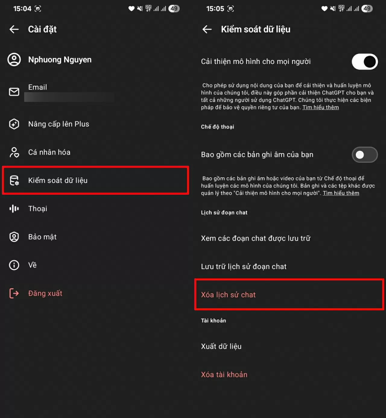 Truy cập mục Kiểm soát dữ liệu, sau đó nhấn Xóa lịch sử chat. Truy cập mục Kiểm soát dữ liệu, sau đó nhấn Xóa lịch sử chat.