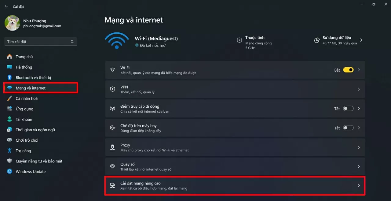 Chọn mục “Mạng & Internet”. Chọn mục “Mạng & Internet”.