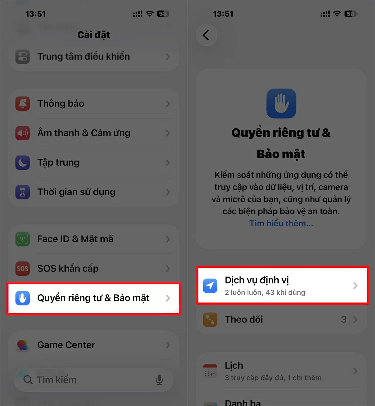 Vào Cài đặt > chọn Quyền riêng tư và bảo mật. Vào Cài đặt > chọn Quyền riêng tư và bảo mật.