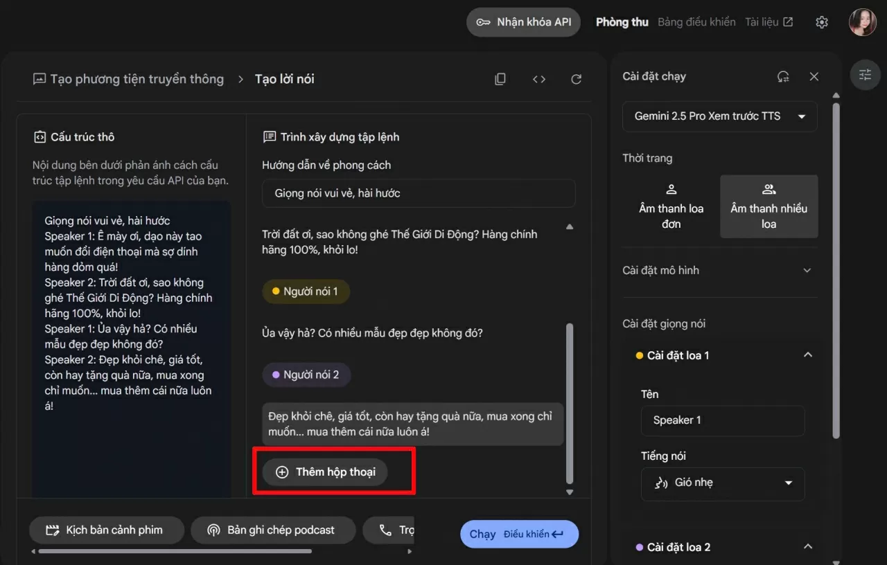 Nhấn vào Thêm hội thoại để thêm các dòng mới. Nhấn vào Thêm hội thoại để thêm các dòng mới.