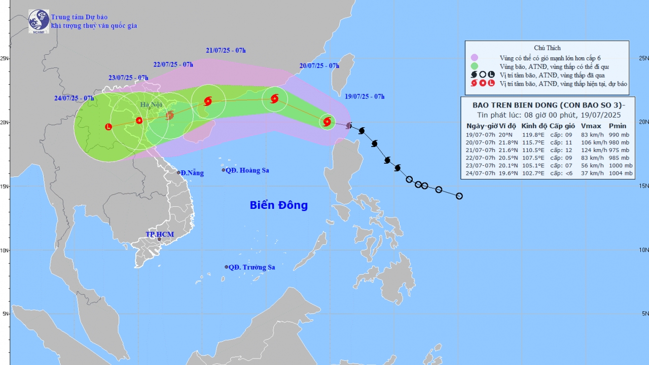 Dự báo thời tiết 10 ngày tới (19-28/7): Bão Wipha đã vào khu vực Bắc Biển Đông, Bắc Bộ có khả năng xảy ra một đợt mưa lớn diện rộng