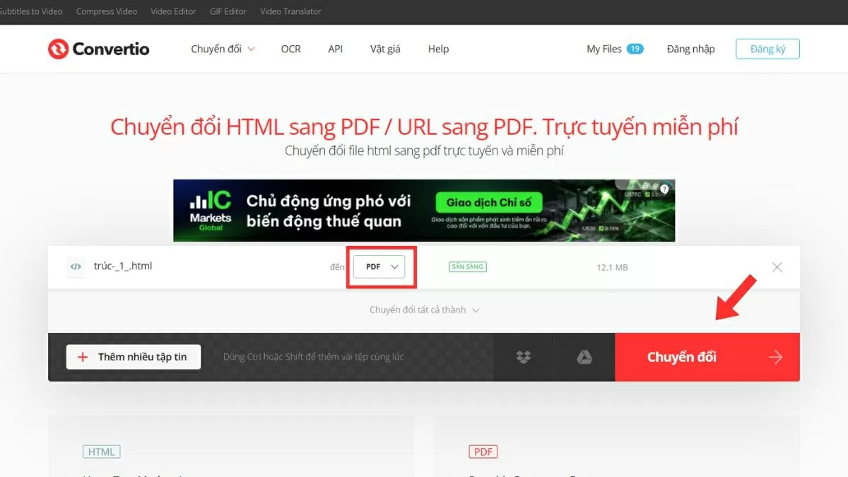 Trong phần định dạng đầu ra, chọn “PDF” làm đích chuyển đổi. Trong phần định dạng đầu ra, chọn “PDF” làm đích chuyển đổi.