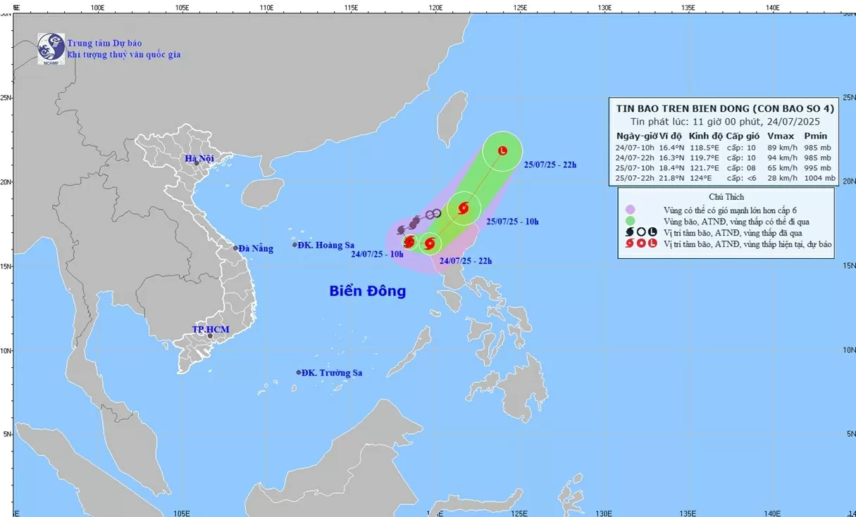 Bão số 4 vẫn trên vùng biển phía Đông khu vực Bắc Biển Đông, di chuyển theo hướng Đông Nam Bão số 4 vẫn trên vùng biển phía Đông khu vực Bắc Biển Đông, di chuyển theo hướng Đông Nam