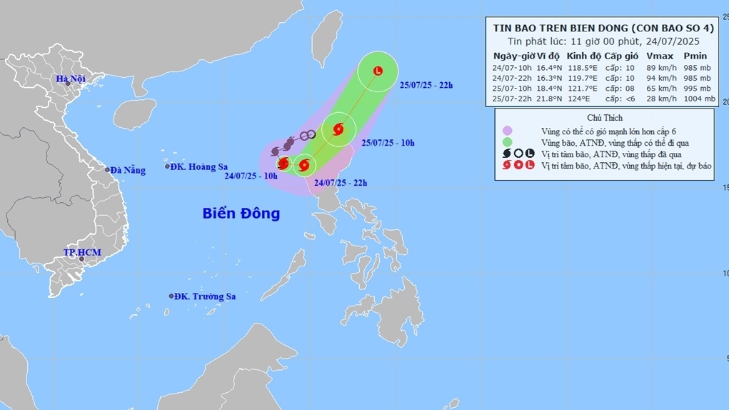 Bão số 4 vẫn trên vùng biển phía Đông khu vực Bắc Biển Đông, di chuyển theo hướng Đông Nam