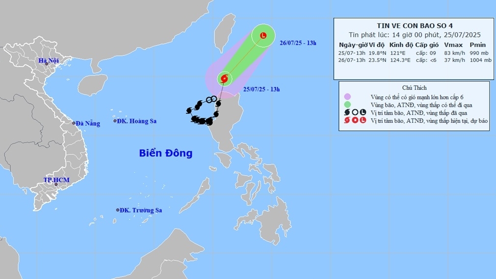 Bão số 4 trên vùng biển phía Bắc đảo Luzon, Philippines, không có khả năng quay trở lại Biển Đông trong khoảng 24 giờ tới