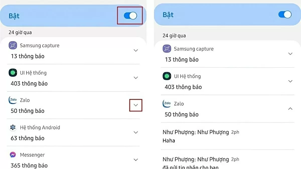 Bật tính năng Nhật ký thông báo bằng cách gạt nút sang phải. Bật tính năng Nhật ký thông báo bằng cách gạt nút sang phải.