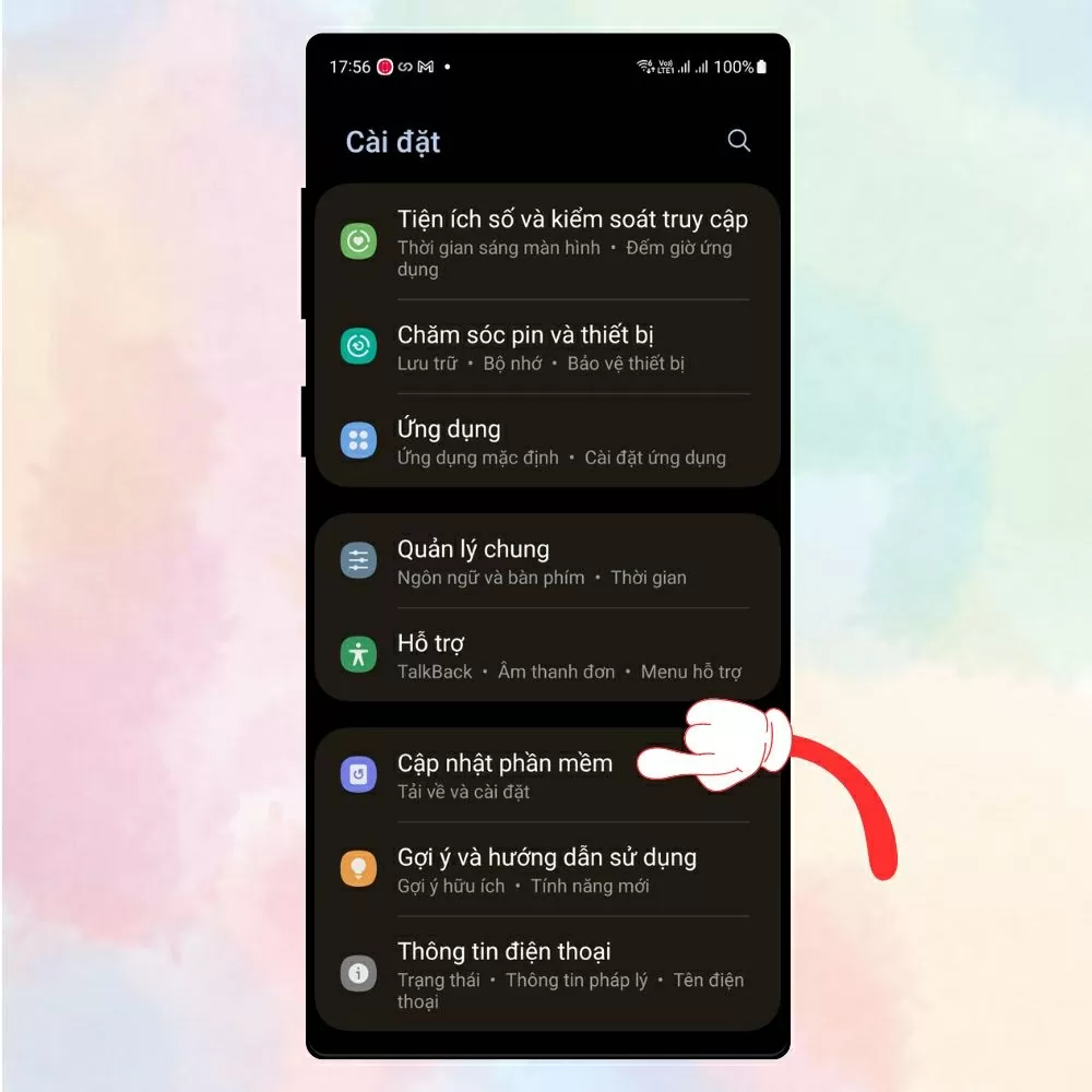 Vào Cài đặt, cuộn xuống chọn Cập nhật phần mềm. Vào Cài đặt, cuộn xuống chọn Cập nhật phần mềm.