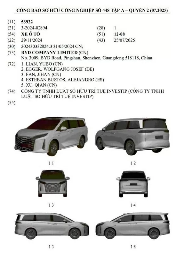 BYD M9 2025 vừa được phát hiện trong danh mục đăng ký kiểu dáng công nghiệp tại Việt Nam. BYD M9 2025 vừa được phát hiện trong danh mục đăng ký kiểu dáng công nghiệp tại Việt Nam.