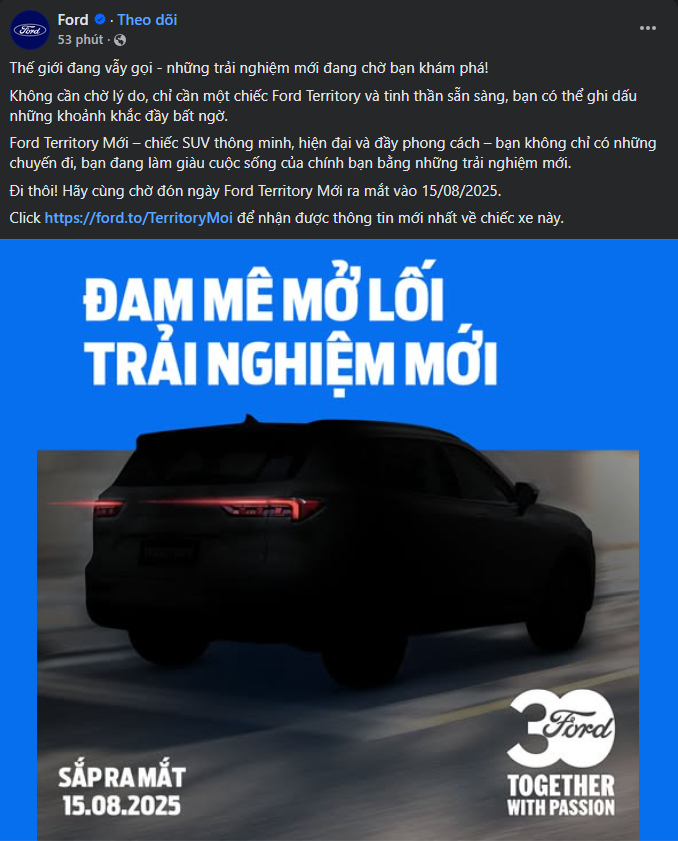 Ford Territory 2025 sẽ trình làng khách Việt vào ngày 15/8 Ford Territory 2025 sẽ trình làng khách Việt vào ngày 15/8