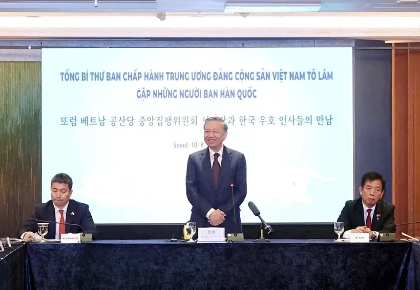 Tổng Bí thư Tô Lâm phát biểu tại buổi gặp những người bạn Hàn Quốc. (Ảnh: Thống Nhất/TTXVN)