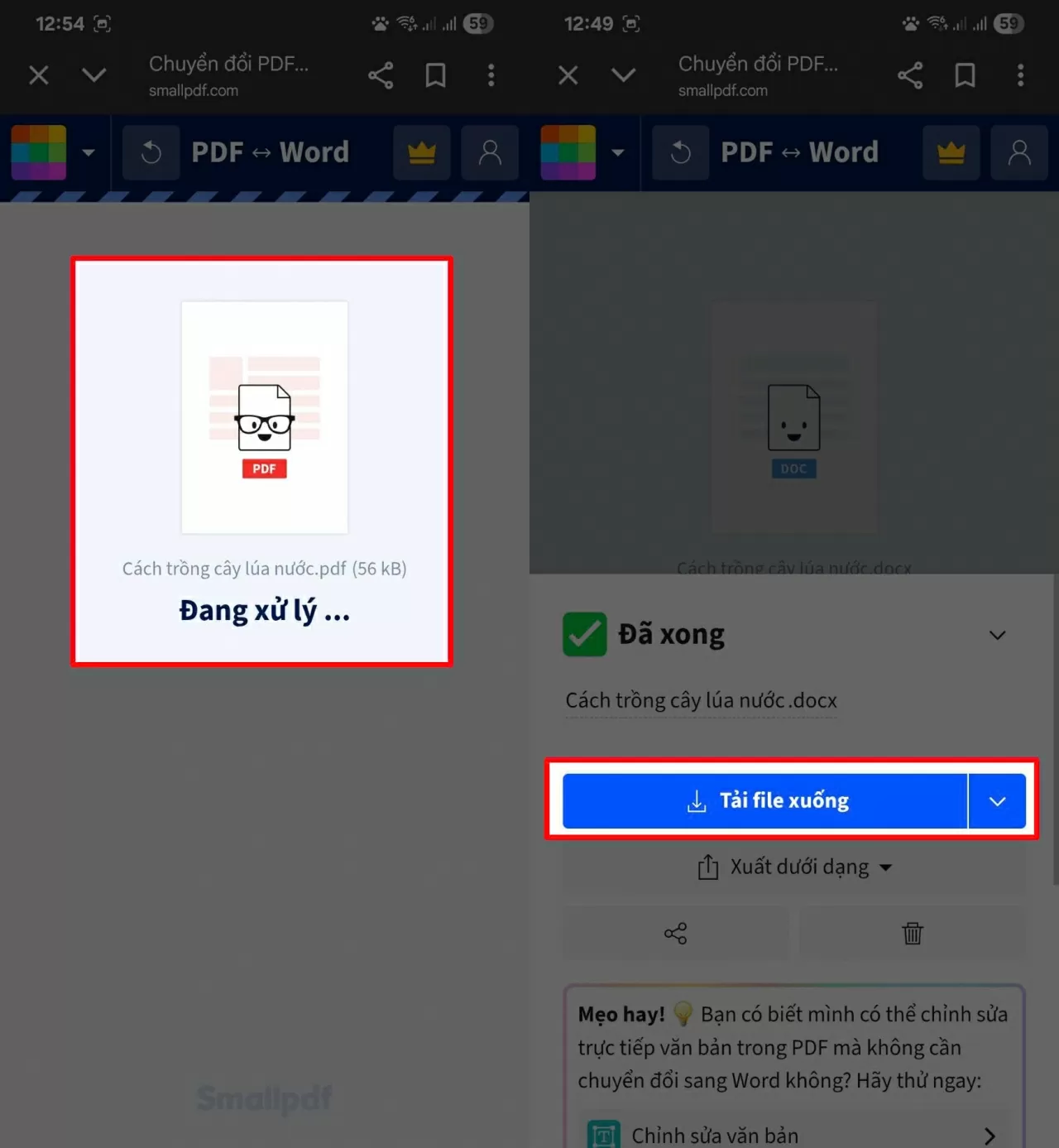 Chờ vài giây, rồi nhấn “Tải xuống” Chờ vài giây, rồi nhấn “Tải xuống”