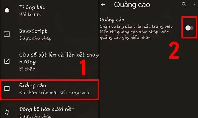 Chọn mục Quảng cáo và bật tính năng chặn quảng cáo. Chọn mục Quảng cáo và bật tính năng chặn quảng cáo.